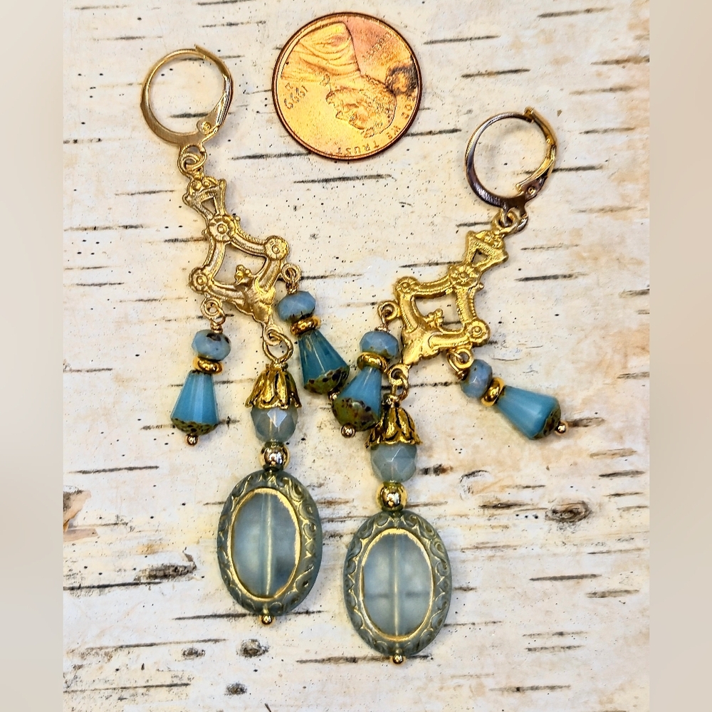 Victorian Aqua Blue Glass In Gold Plated Chandelier Art Deco Earrings - Picture 5 of 8